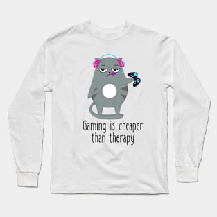 Gaming Is Cheaper Than Therapy Funny Cat Long Sleeve T-Shirt